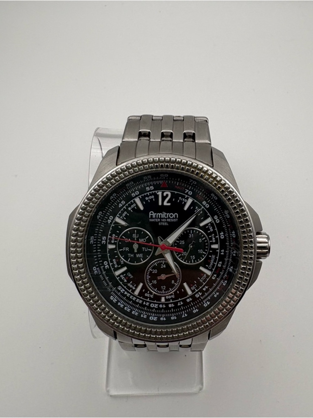 Armitron Silver Stainless Steel Watch with Black Dial and Red Accent